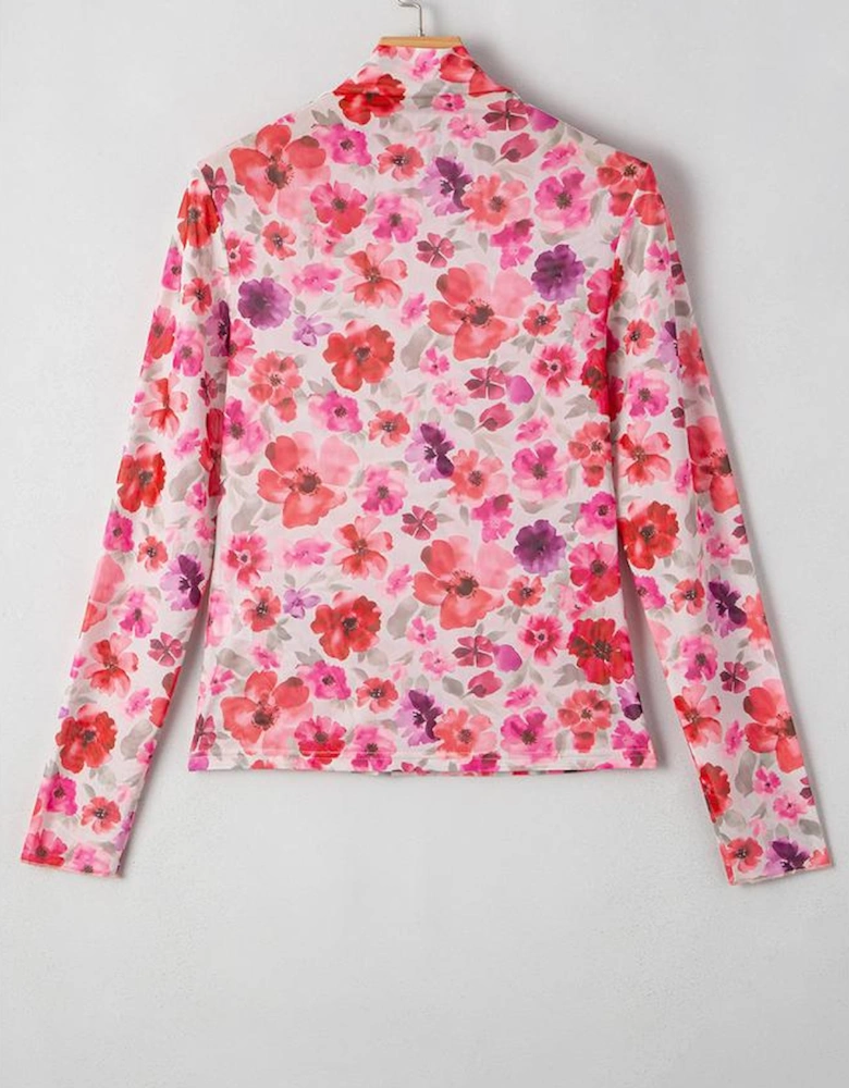 Red Floral Print Long Sleeve Slim Fit Mesh Top