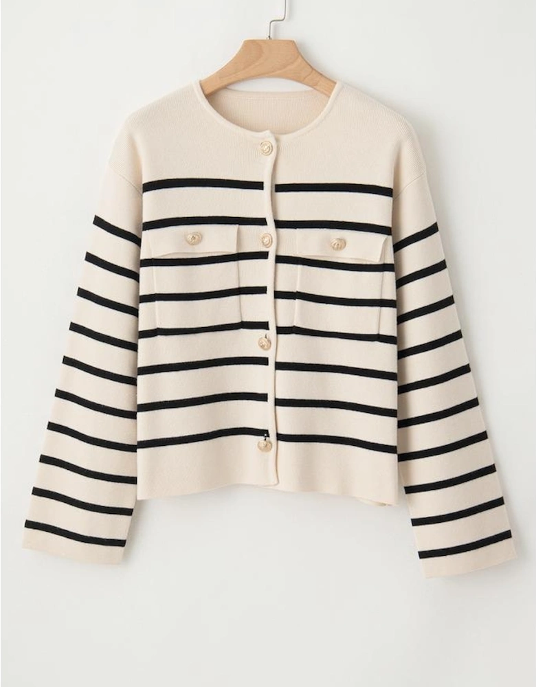 Black Stripe Flap Pocket Buttoned Cardigan Sweater