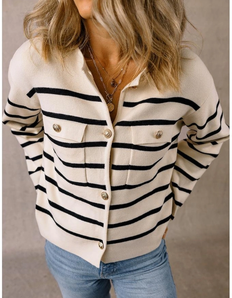 Black Stripe Flap Pocket Buttoned Cardigan Sweater