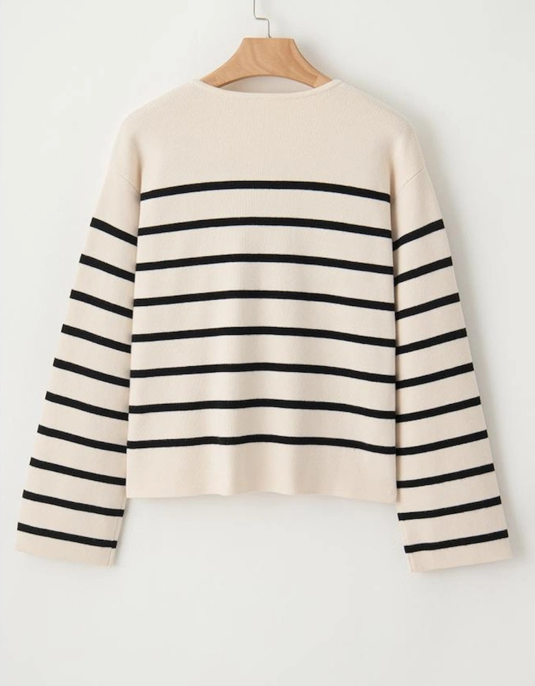 Black Stripe Flap Pocket Buttoned Cardigan Sweater
