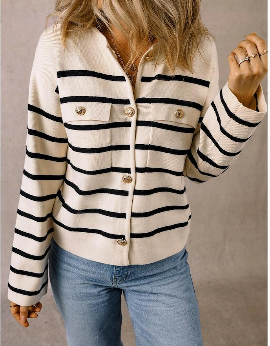 Black Stripe Flap Pocket Buttoned Cardigan Sweater