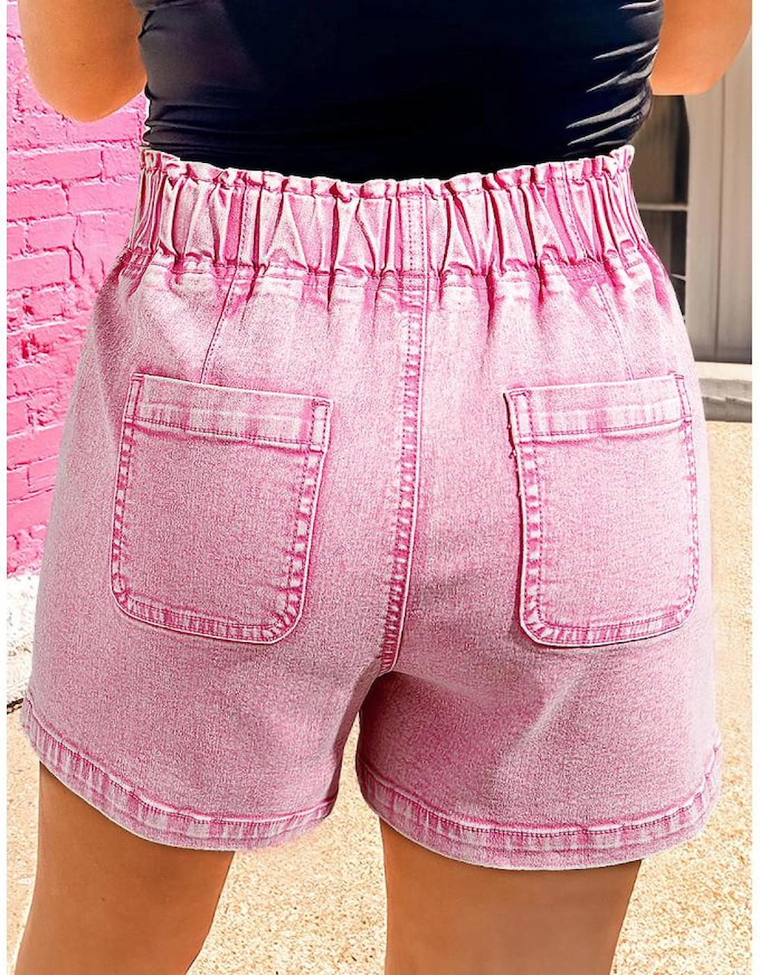 Strawberry Pink Elastic High Waisted Denim Shorts