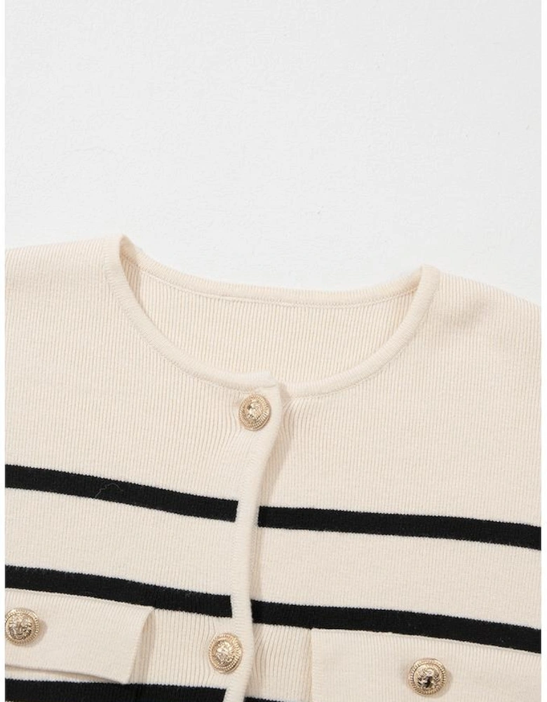 Black Stripe Flap Pocket Buttoned Cardigan Sweater