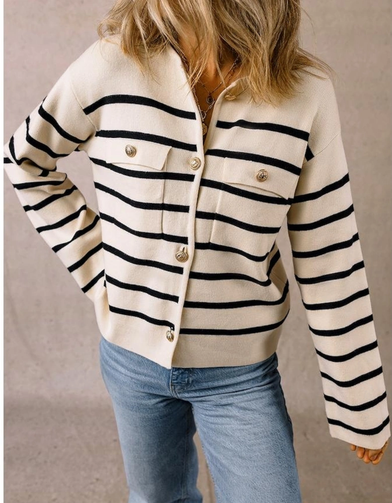 Black Stripe Flap Pocket Buttoned Cardigan Sweater