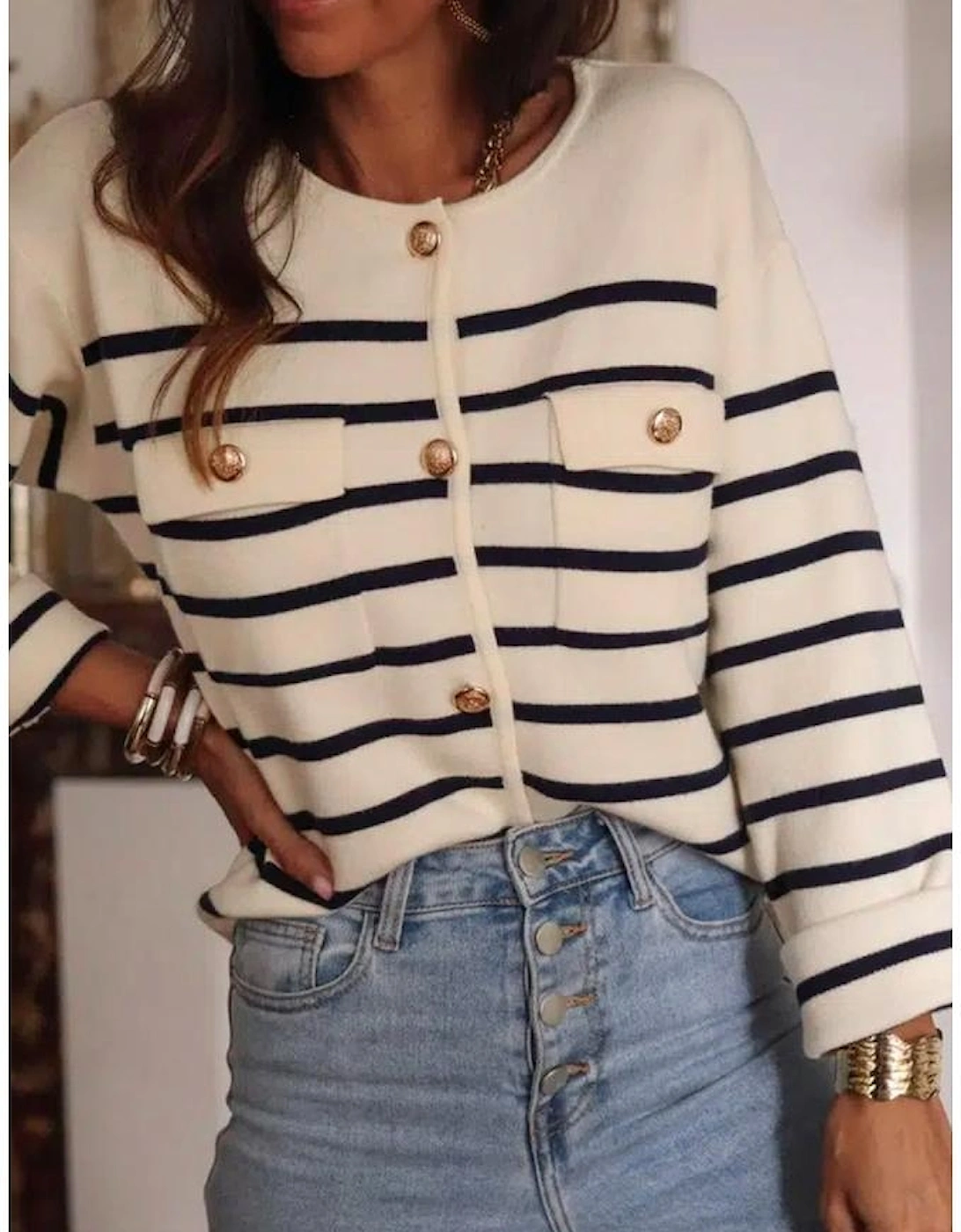 Black Stripe Flap Pocket Buttoned Cardigan Sweater