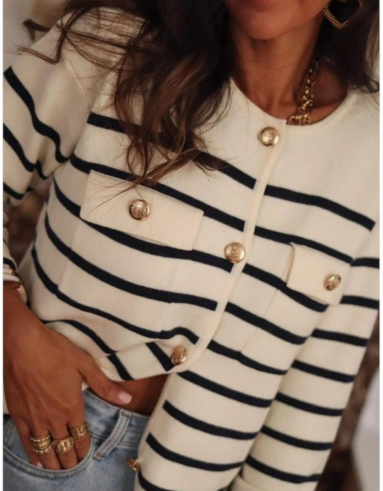 Black Stripe Flap Pocket Buttoned Cardigan Sweater
