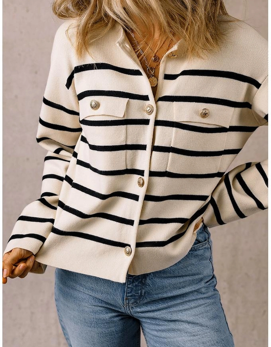 Black Stripe Flap Pocket Buttoned Cardigan Sweater