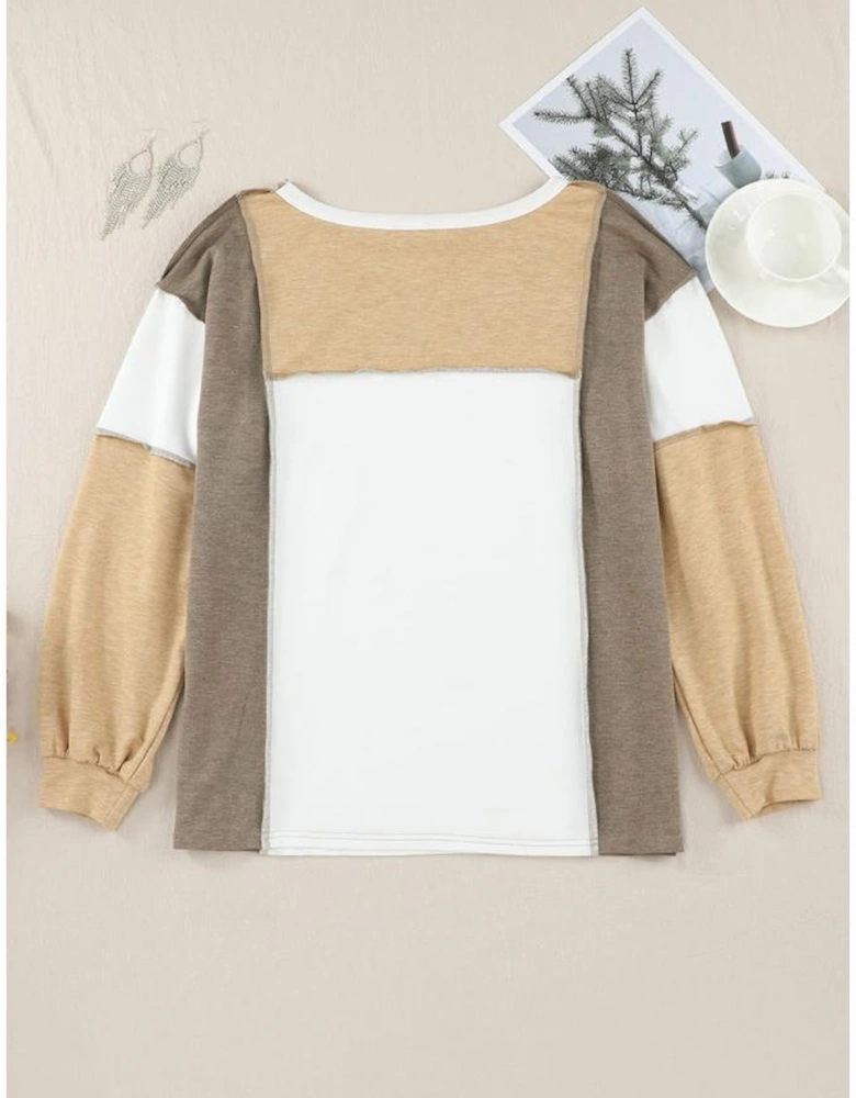 Khaki Exposed Seam Color Block Patchwork Top