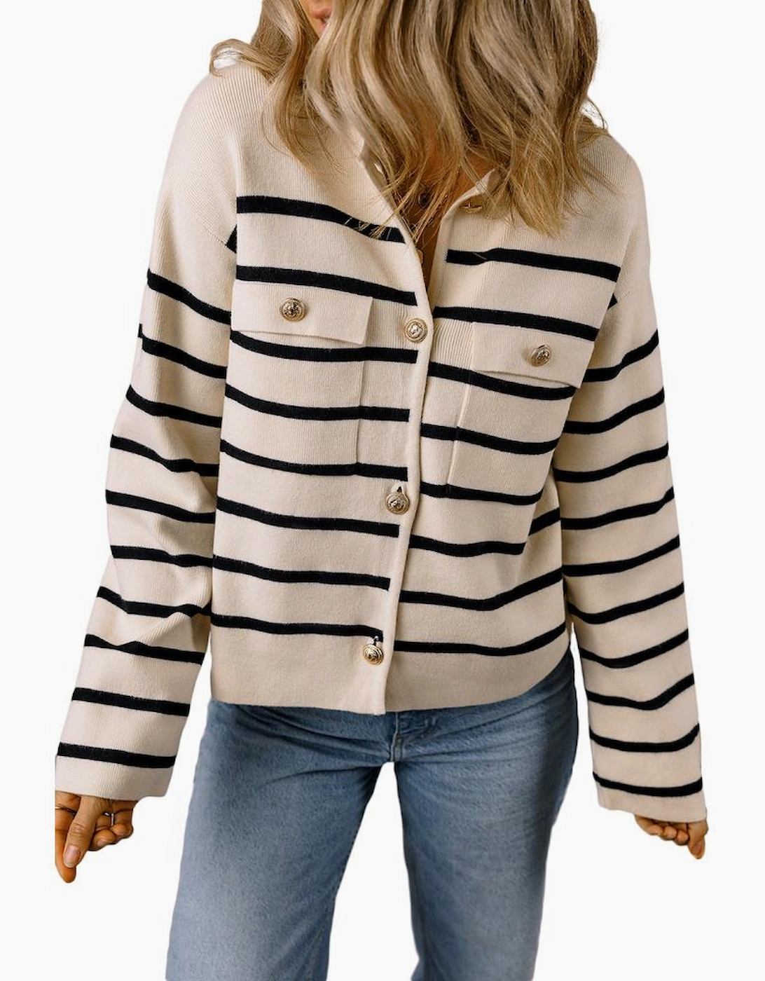 Black Stripe Flap Pocket Buttoned Cardigan Sweater