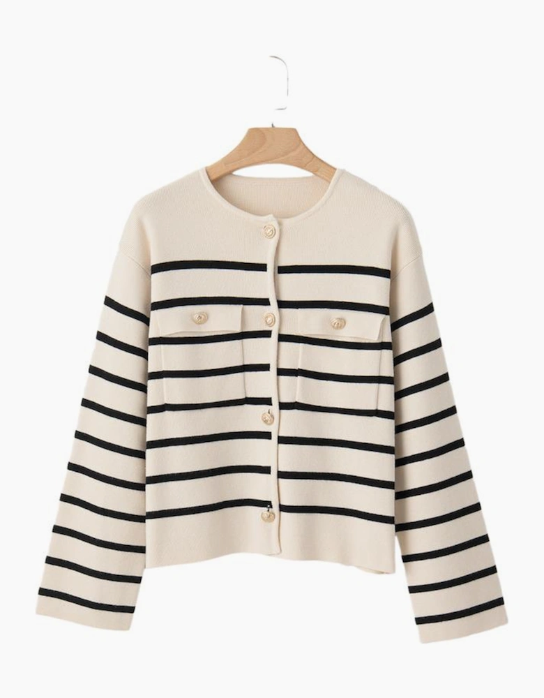 Black Stripe Flap Pocket Buttoned Cardigan Sweater