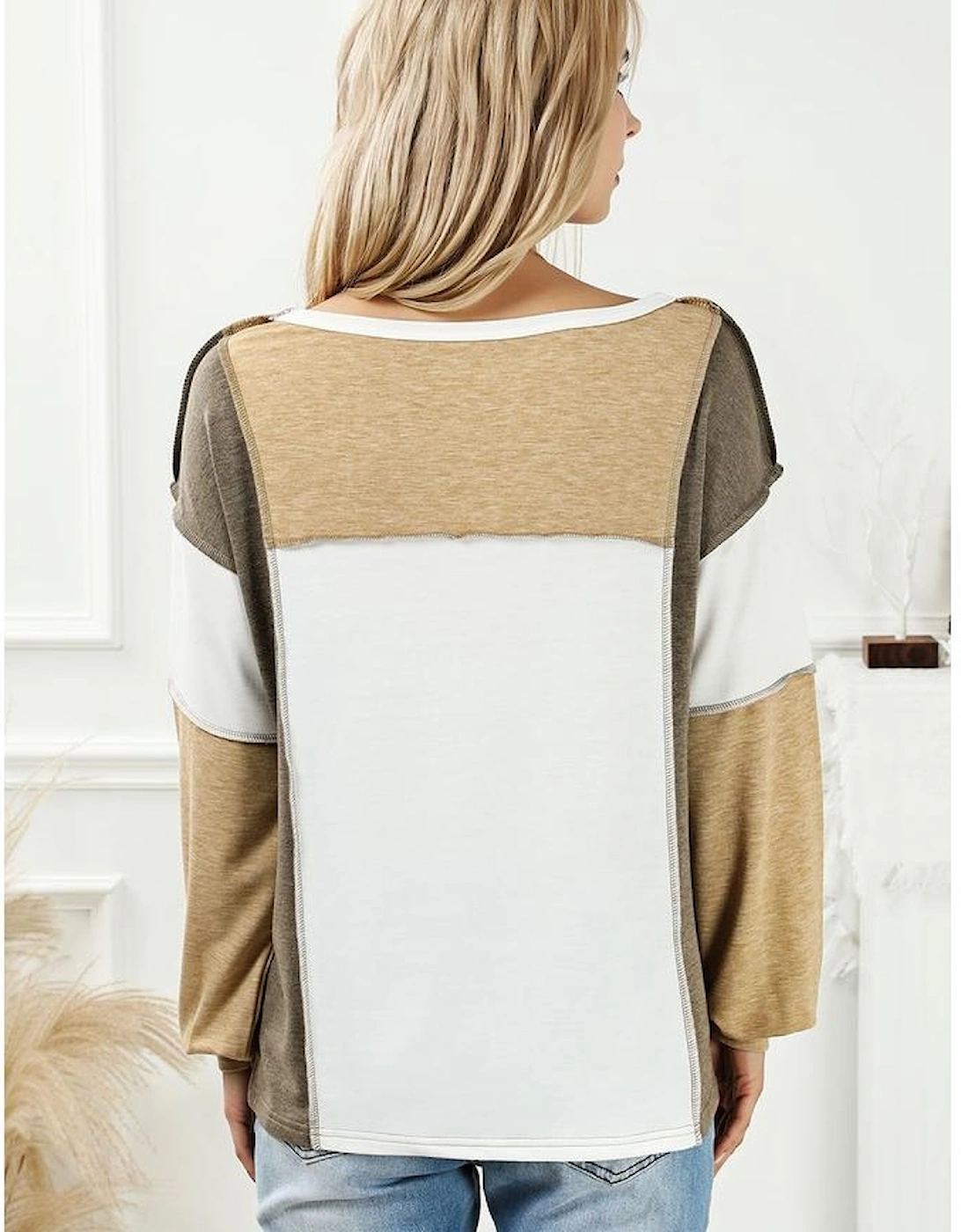 Khaki Exposed Seam Color Block Patchwork Top
