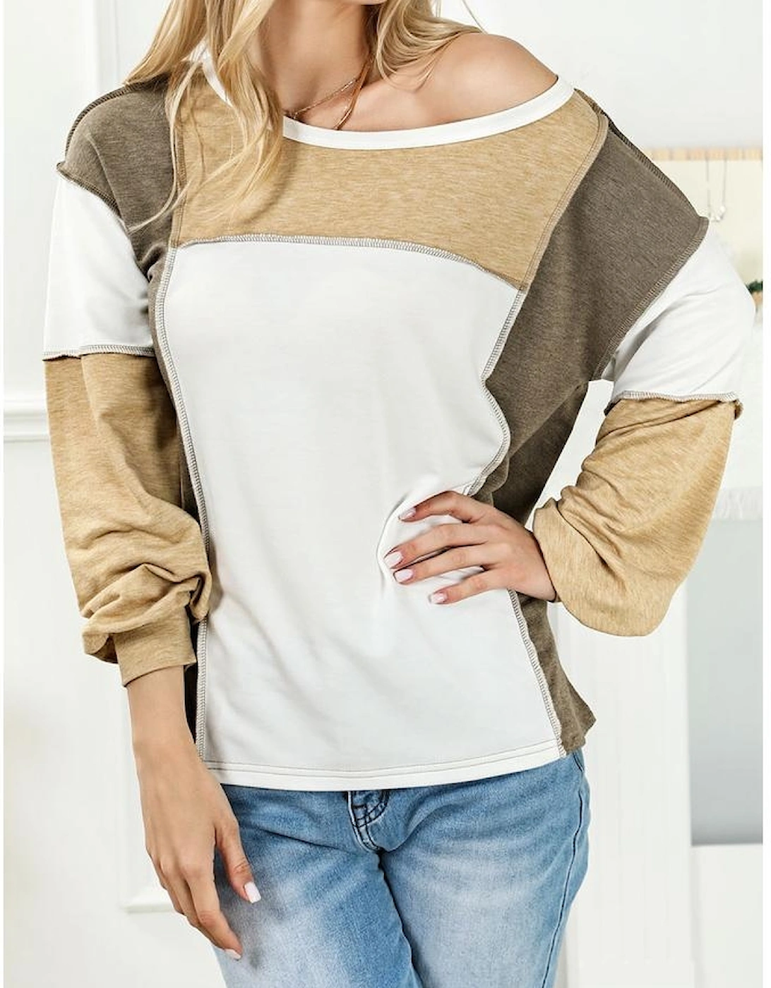 Khaki Exposed Seam Color Block Patchwork Top