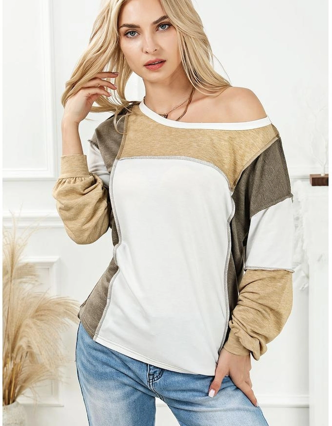 Khaki Exposed Seam Color Block Patchwork Top