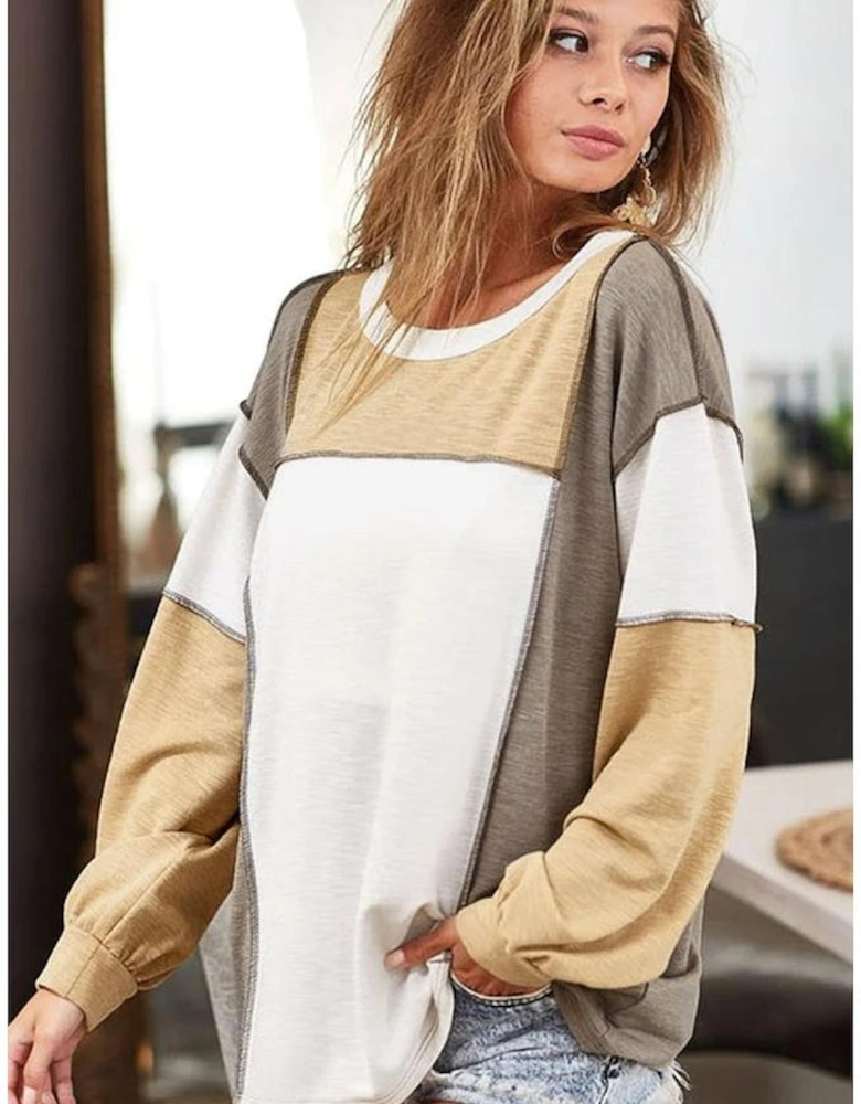 Khaki Exposed Seam Color Block Patchwork Top