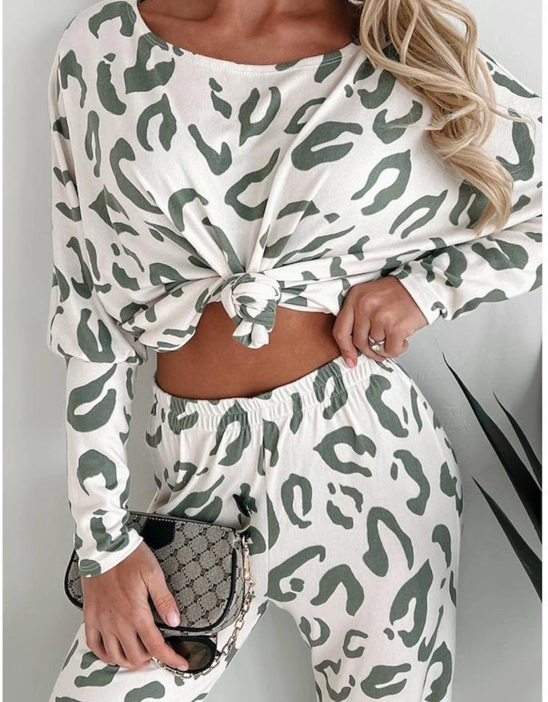Beige Leopard Animal Print Long Sleeve and Pants Loungewear Set