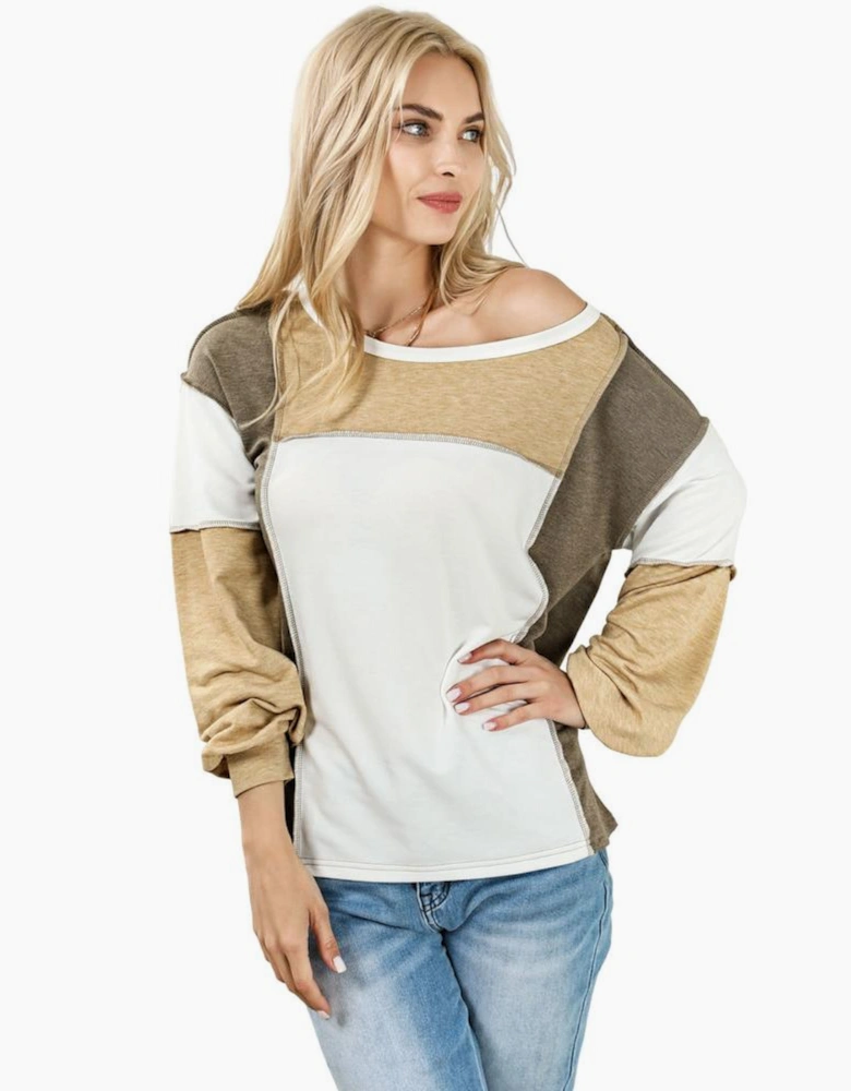 Khaki Exposed Seam Color Block Patchwork Top