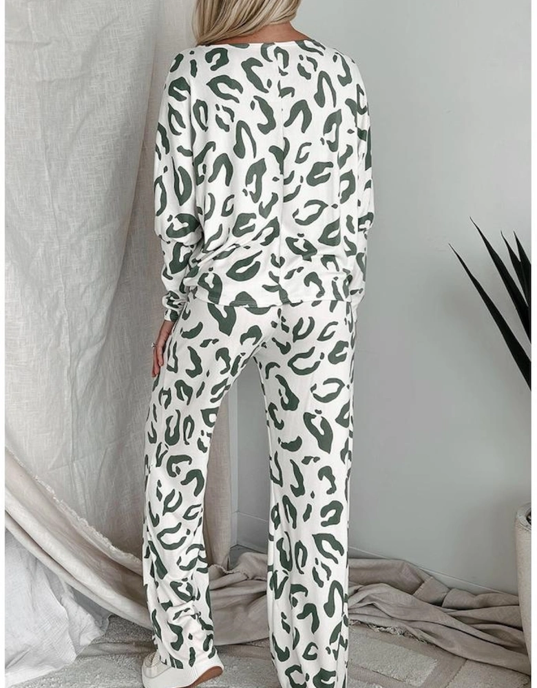 Beige Leopard Animal Print Long Sleeve and Pants Loungewear Set