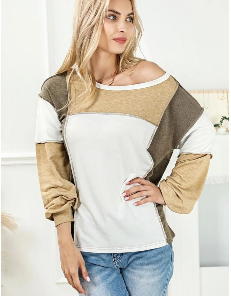 Khaki Exposed Seam Color Block Patchwork Top