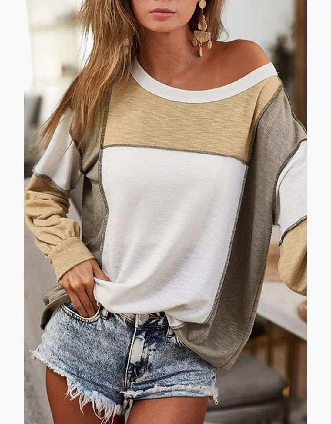 Khaki Exposed Seam Color Block Patchwork Top