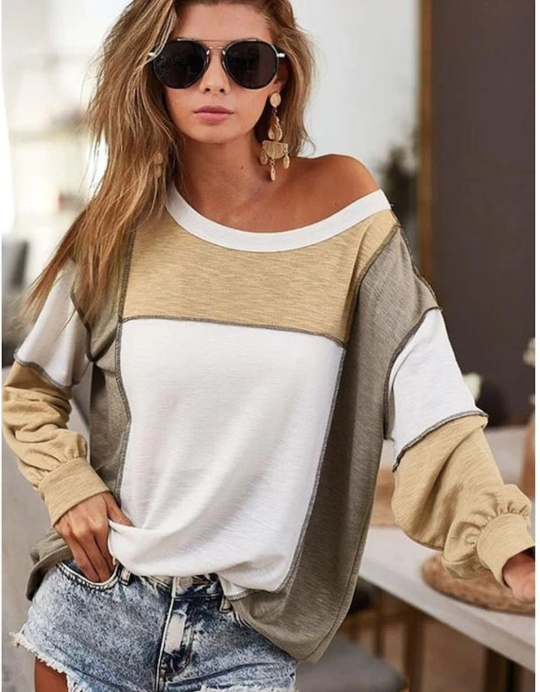 Khaki Exposed Seam Color Block Patchwork Top