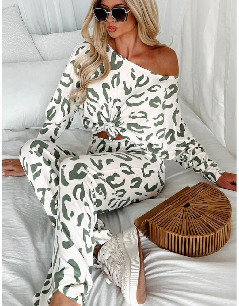 Beige Leopard Animal Print Long Sleeve and Pants Loungewear Set