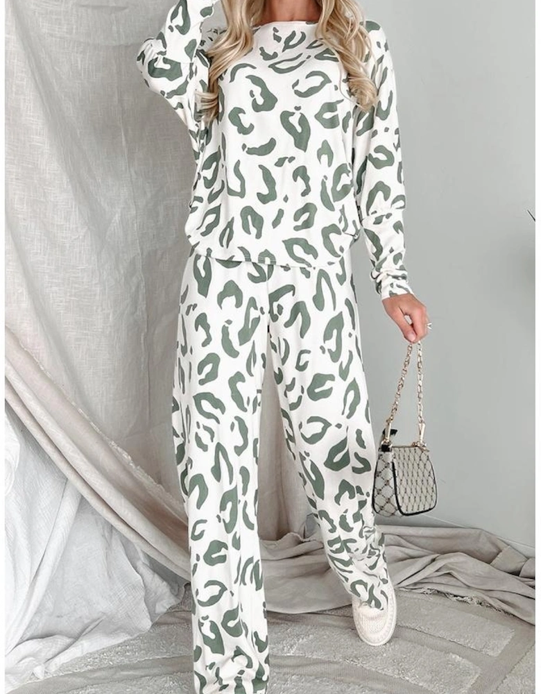 Beige Leopard Animal Print Long Sleeve and Pants Loungewear Set