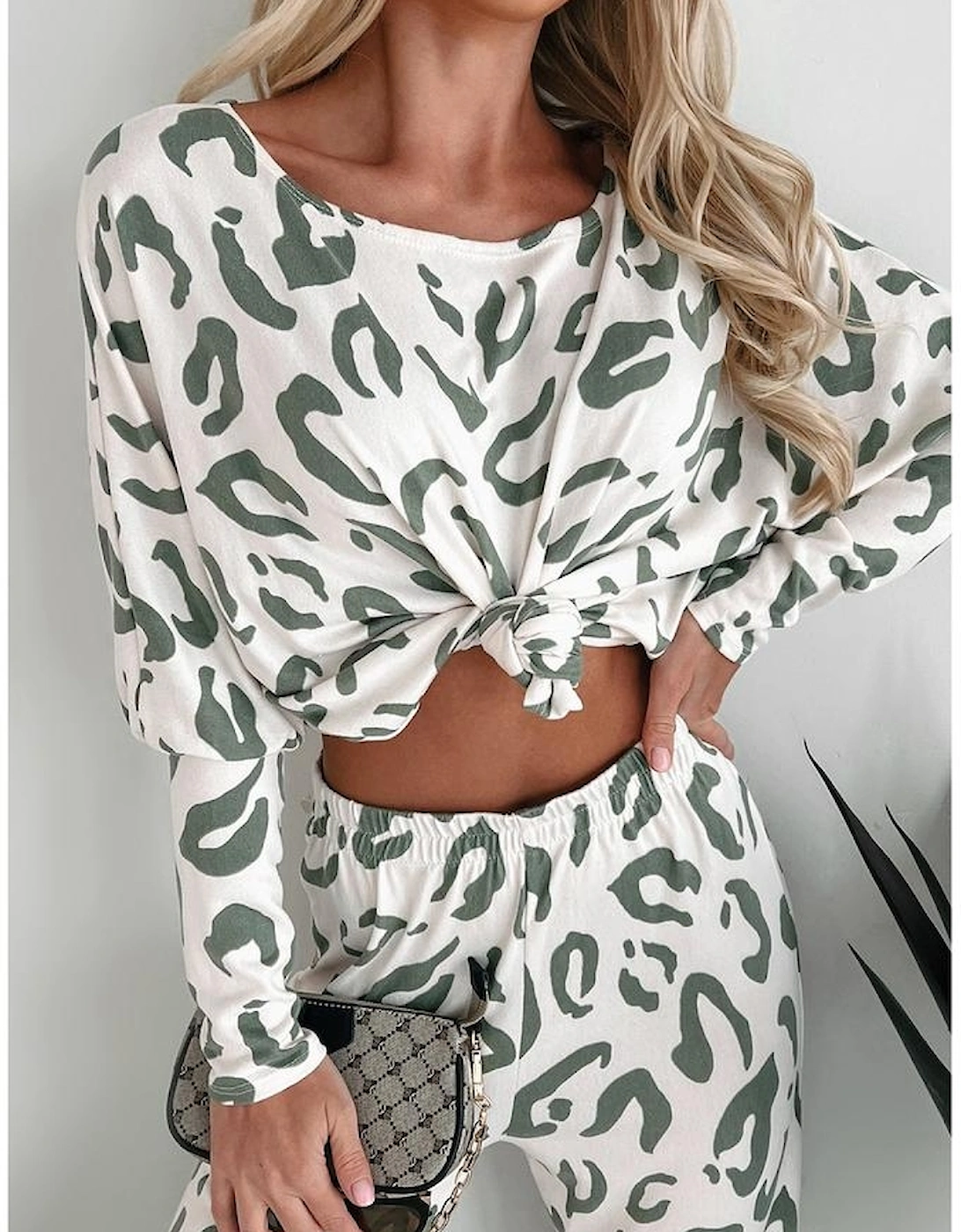 Beige Leopard Animal Print Long Sleeve and Pants Loungewear Set