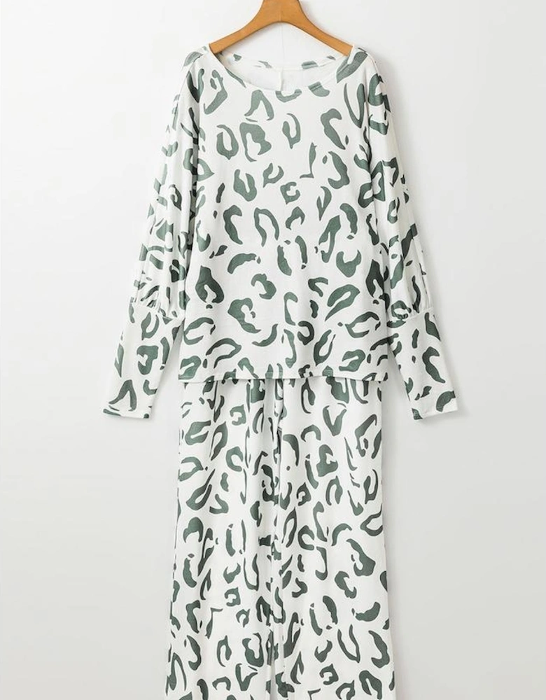 Beige Leopard Animal Print Long Sleeve and Pants Loungewear Set