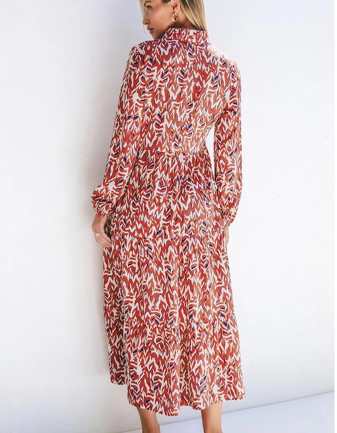 Orange Abstract Print V Neck Pleated High Waist Midi Dress