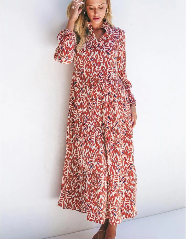 Orange Abstract Print V Neck Pleated High Waist Midi Dress