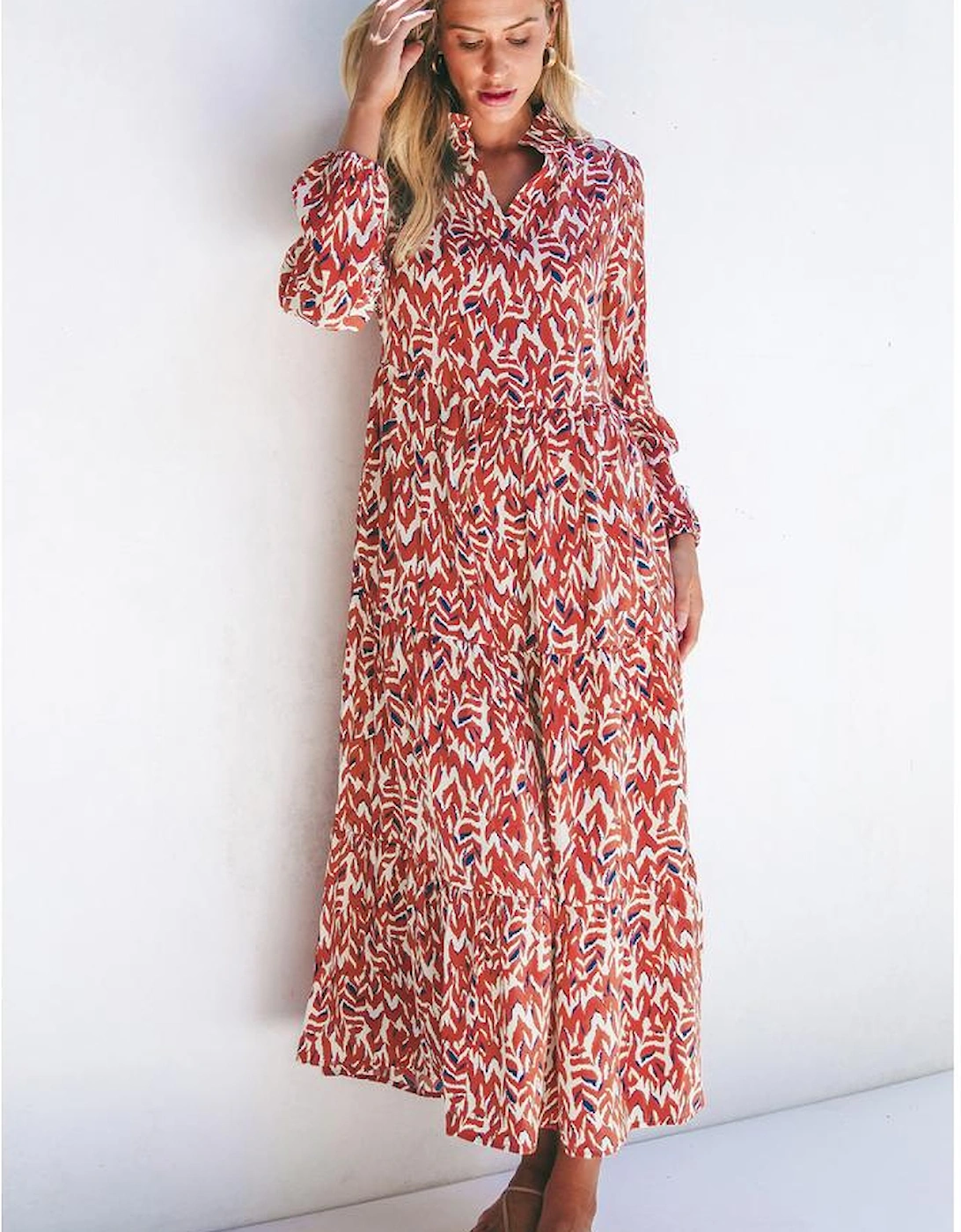 Orange Abstract Print V Neck Pleated High Waist Midi Dress, 11 of 10