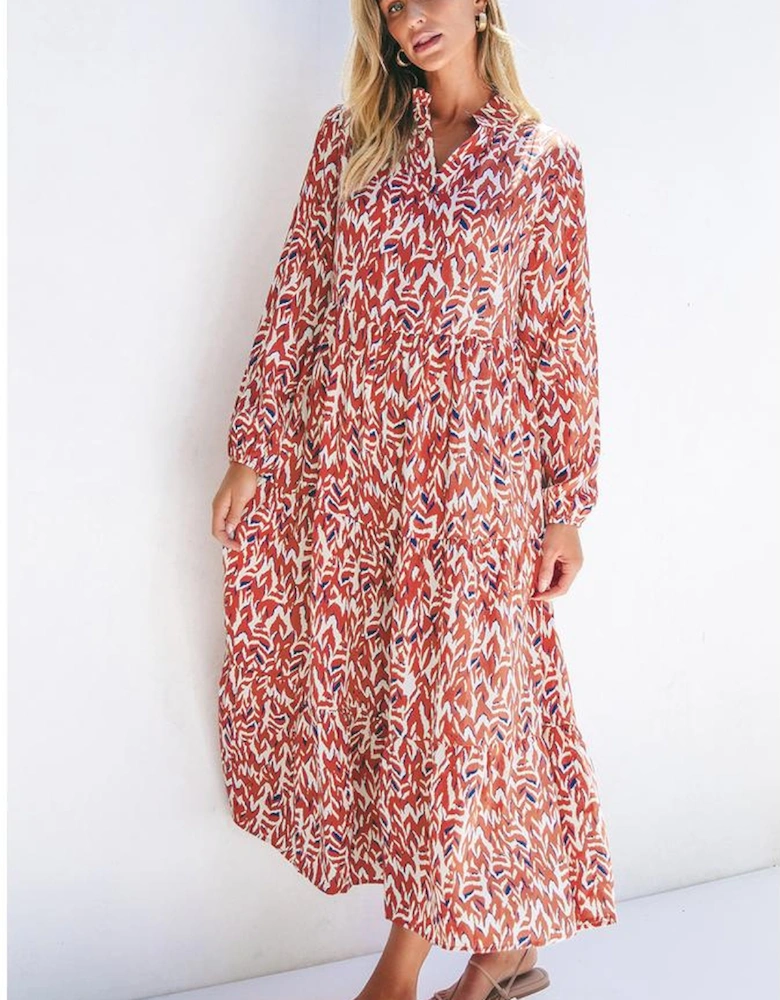 Orange Abstract Print V Neck Pleated High Waist Midi Dress