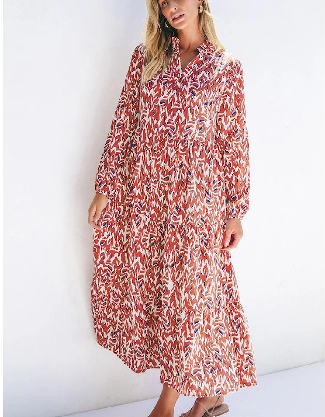 Orange Abstract Print V Neck Pleated High Waist Midi Dress