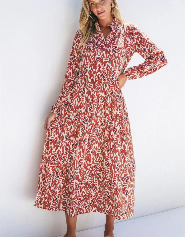 Orange Abstract Print V Neck Pleated High Waist Midi Dress