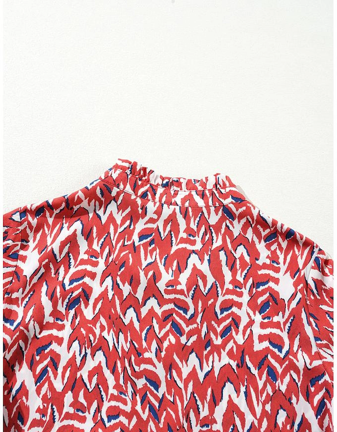 Orange Abstract Print V Neck Pleated High Waist Midi Dress