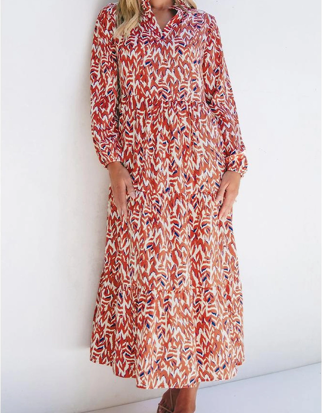 Orange Abstract Print V Neck Pleated High Waist Midi Dress