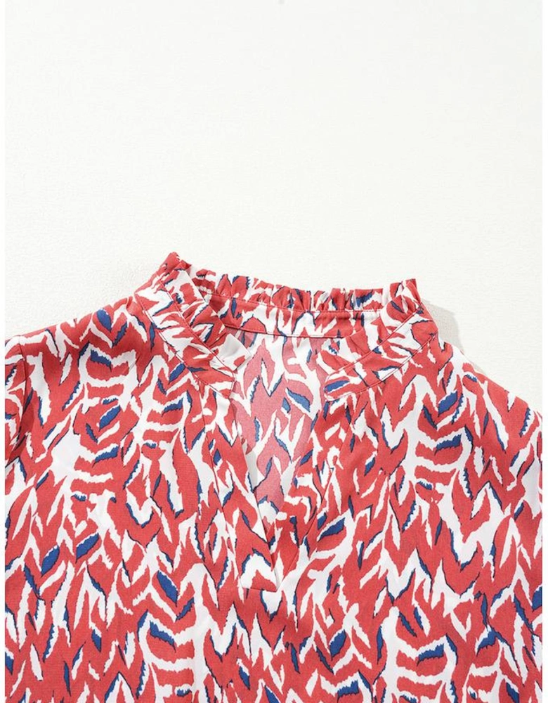 Orange Abstract Print V Neck Pleated High Waist Midi Dress