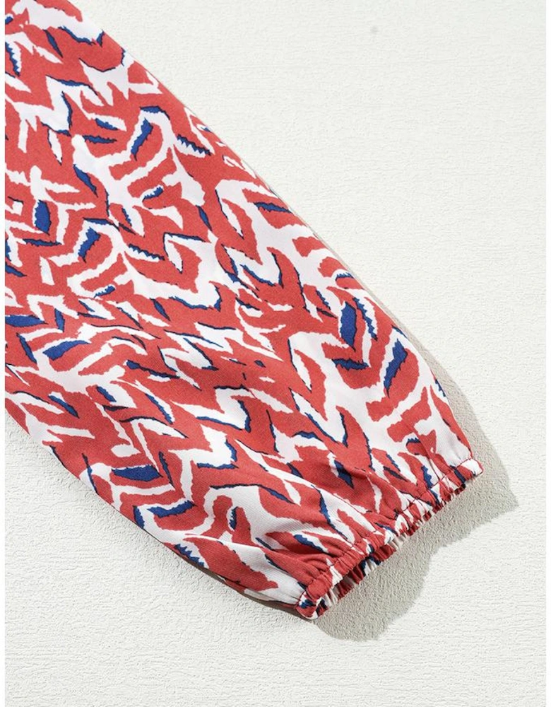 Orange Abstract Print V Neck Pleated High Waist Midi Dress