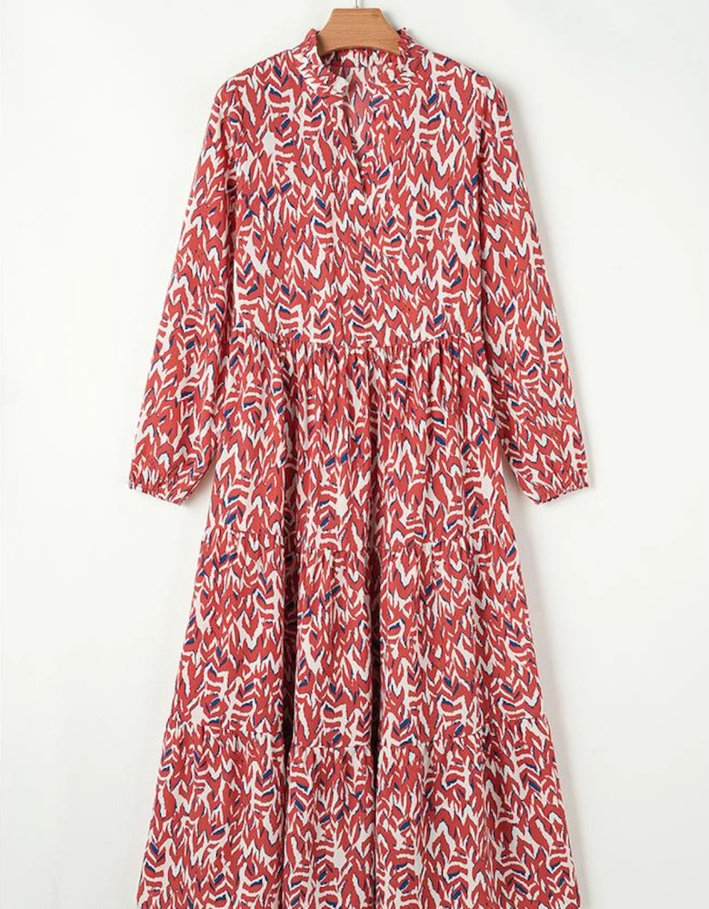 Orange Abstract Print V Neck Pleated High Waist Midi Dress