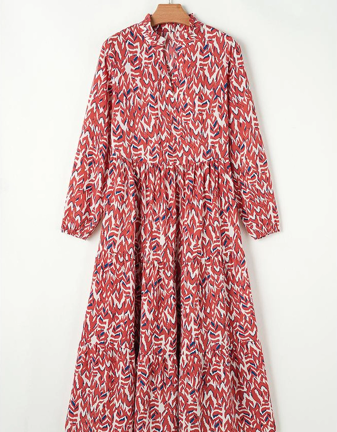 Orange Abstract Print V Neck Pleated High Waist Midi Dress