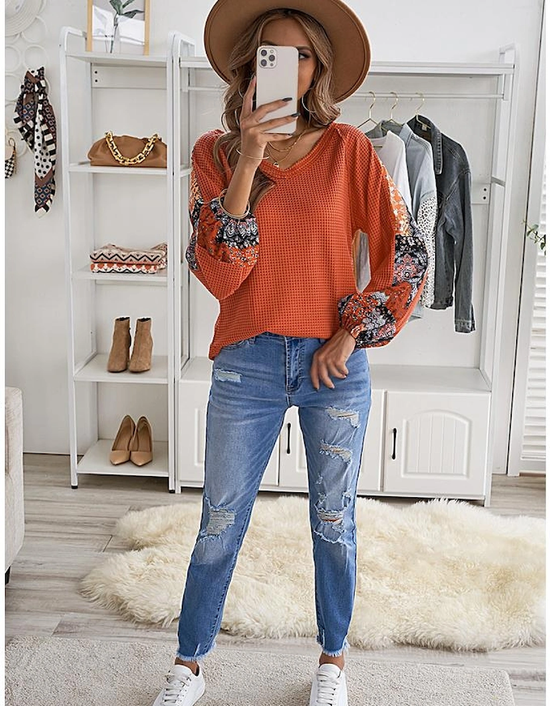 Orange Contrast Eyelet Thermal Knit Top