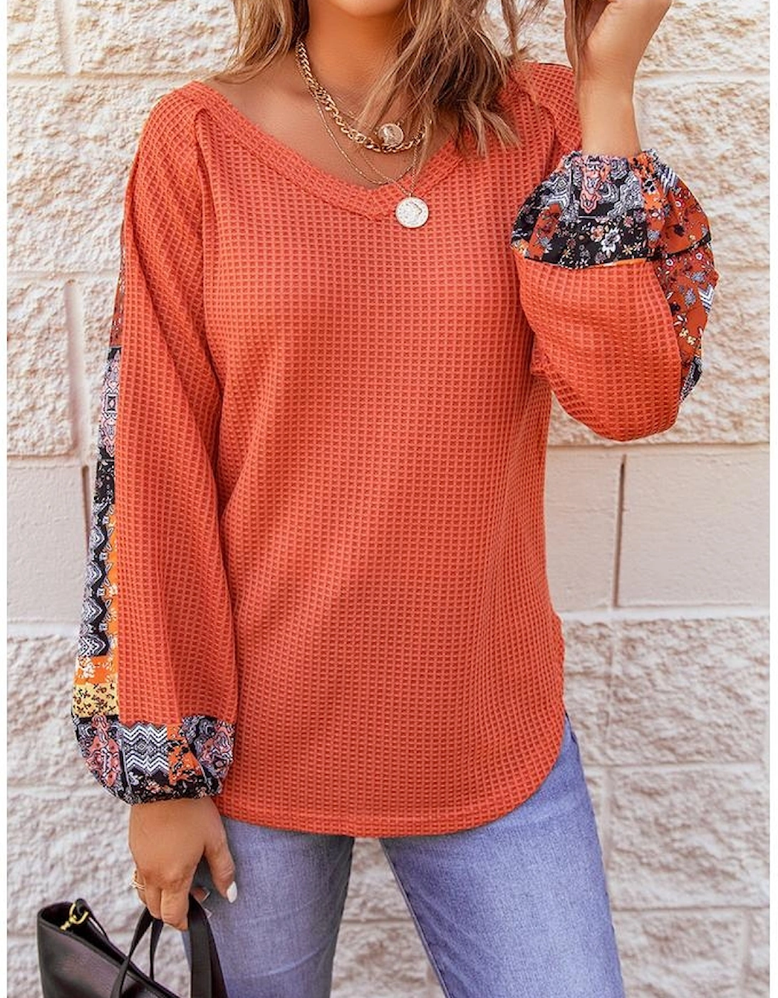 Orange Contrast Eyelet Thermal Knit Top