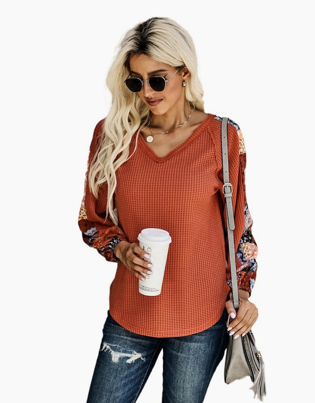 Orange Contrast Eyelet Thermal Knit Top