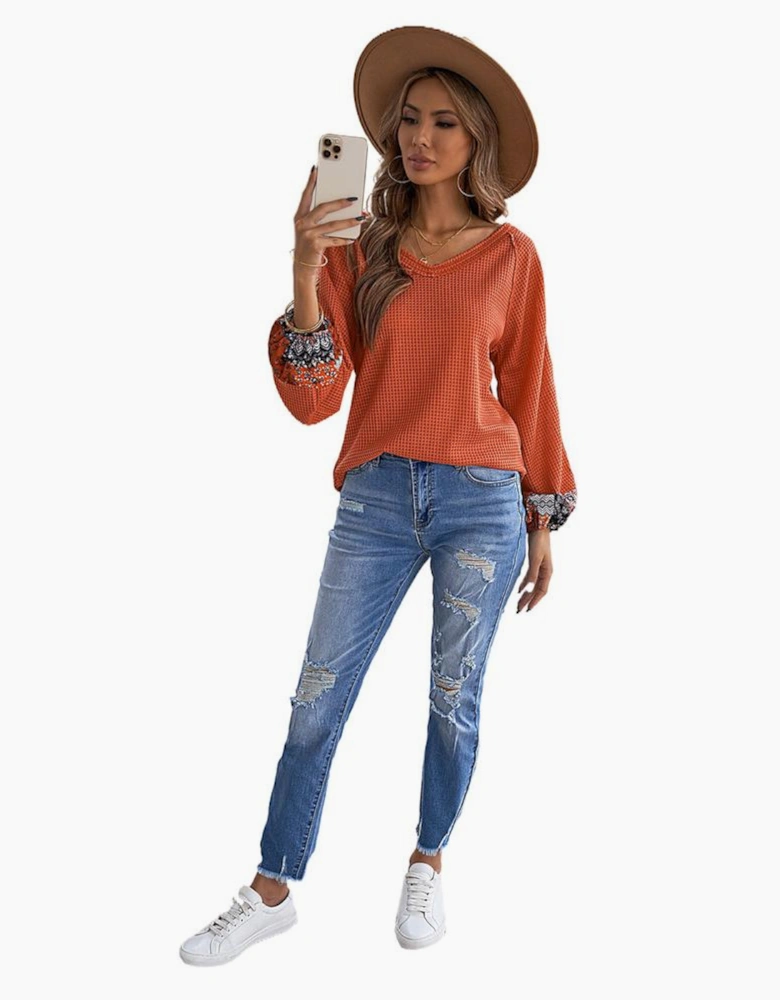 Orange Contrast Eyelet Thermal Knit Top