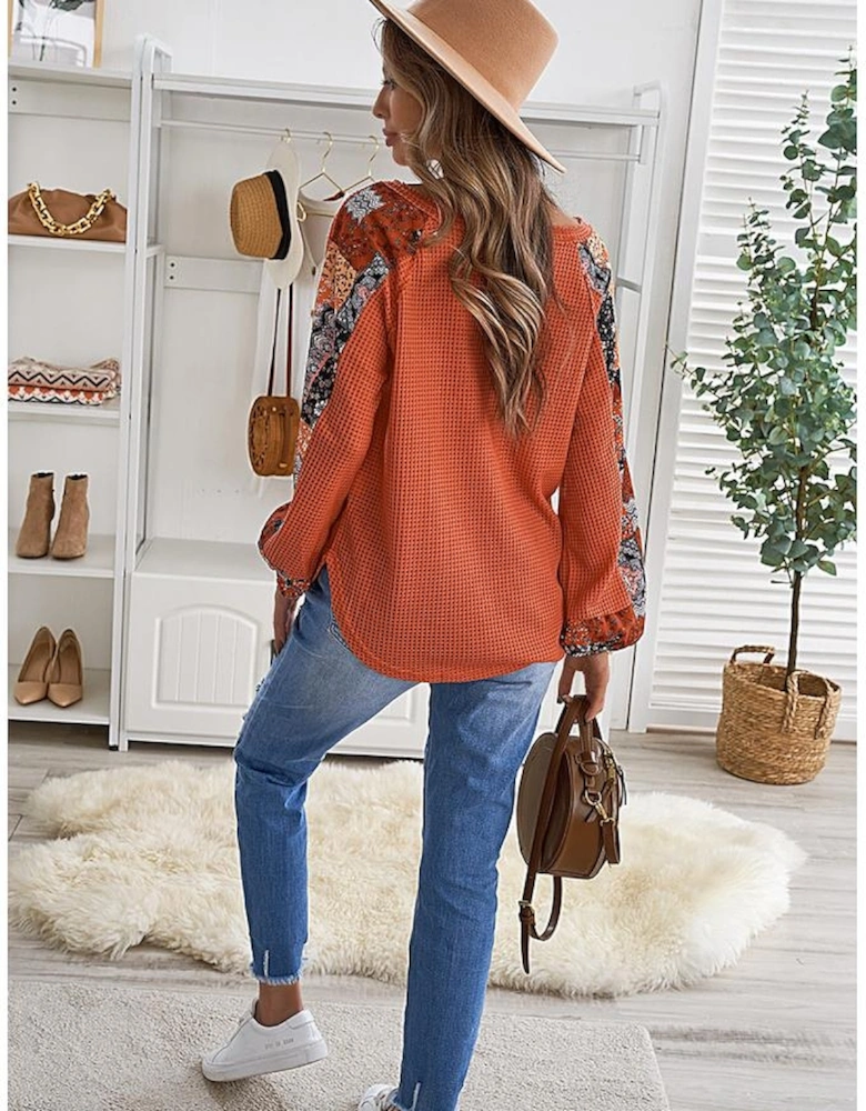 Orange Contrast Eyelet Thermal Knit Top