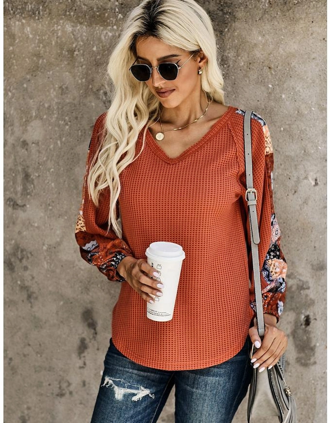 Orange Contrast Eyelet Thermal Knit Top