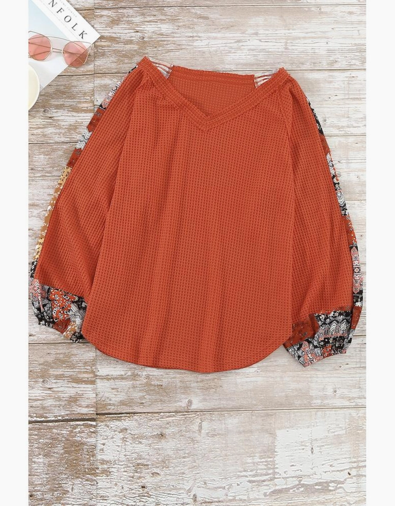 Orange Contrast Eyelet Thermal Knit Top