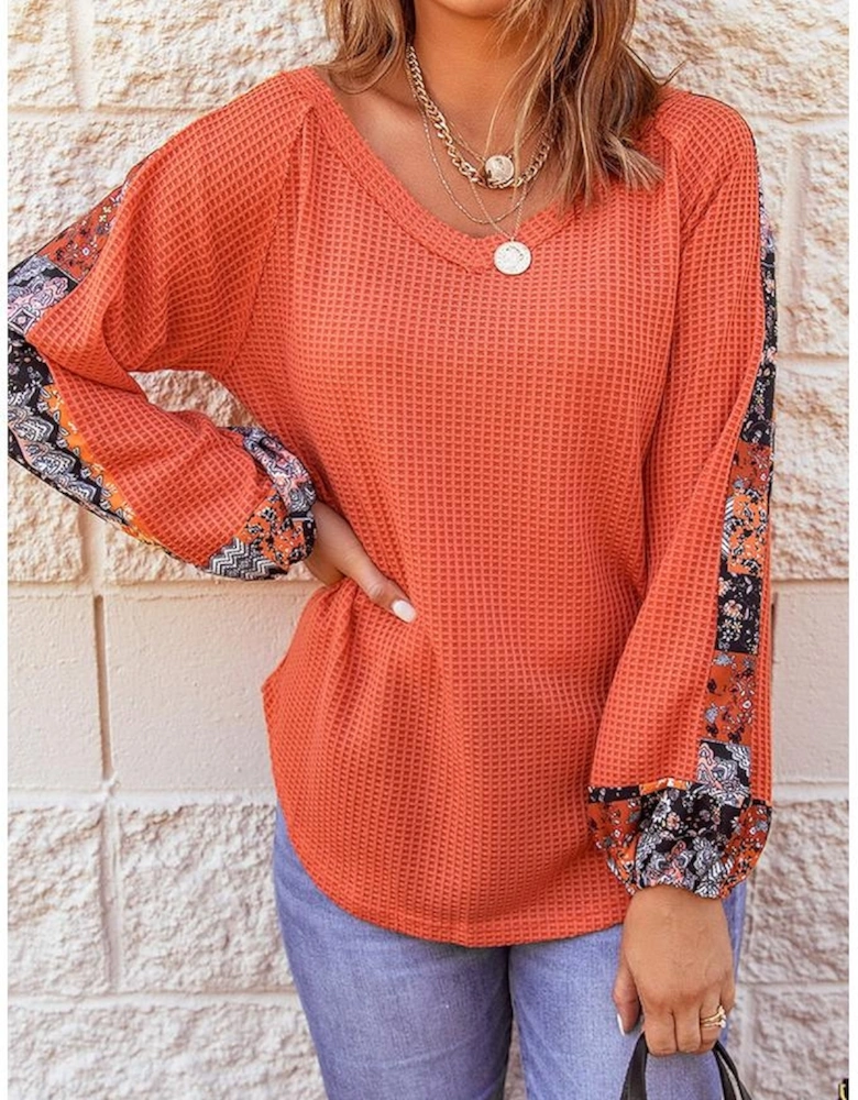 Orange Contrast Eyelet Thermal Knit Top