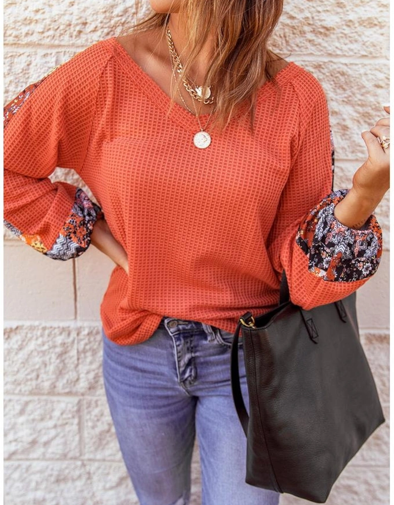 Orange Contrast Eyelet Thermal Knit Top