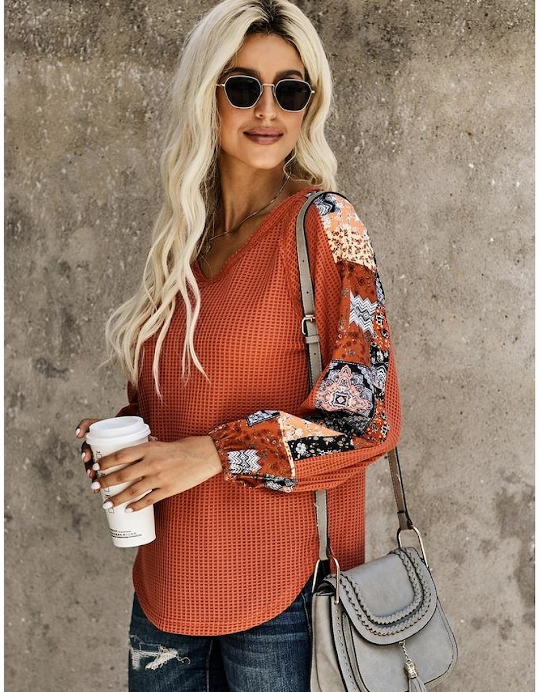 Orange Contrast Eyelet Thermal Knit Top